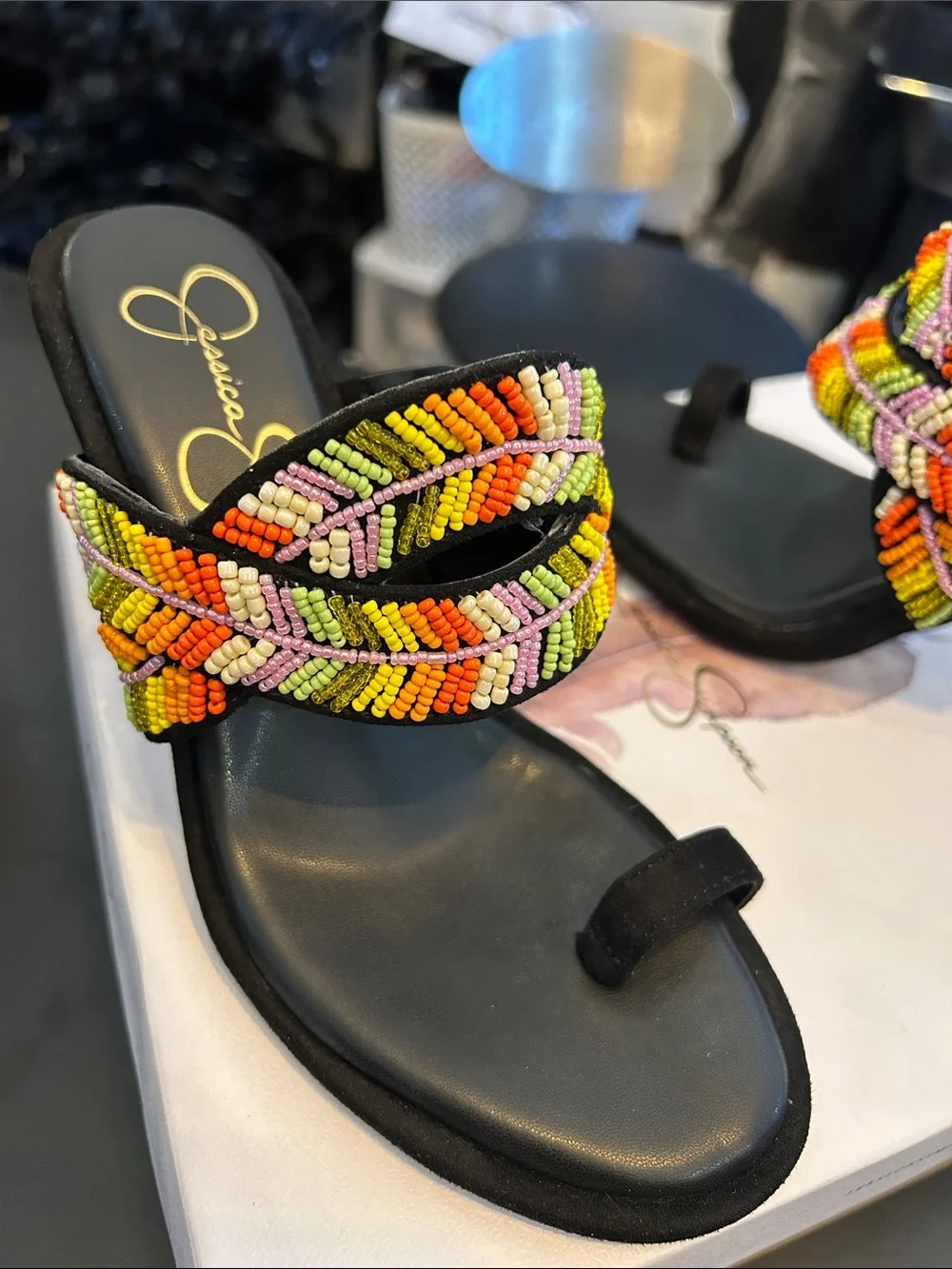 Jessica Simpson Black Heeled Slide Sandals with Multicolor Bead Embellishment - Picture 3 of 4